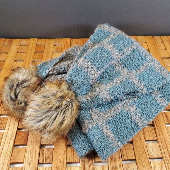 Simply Noelle Luxe Knit Scarf with Faux Fur Pom Poms — Blue & Gray Plaid Winter - Picture 1 of 6